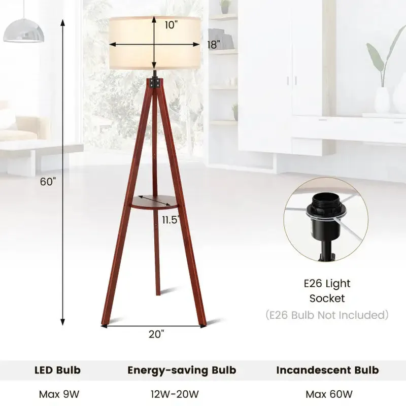 Tripod Floor Lamp with Circular Shelf and White Shade