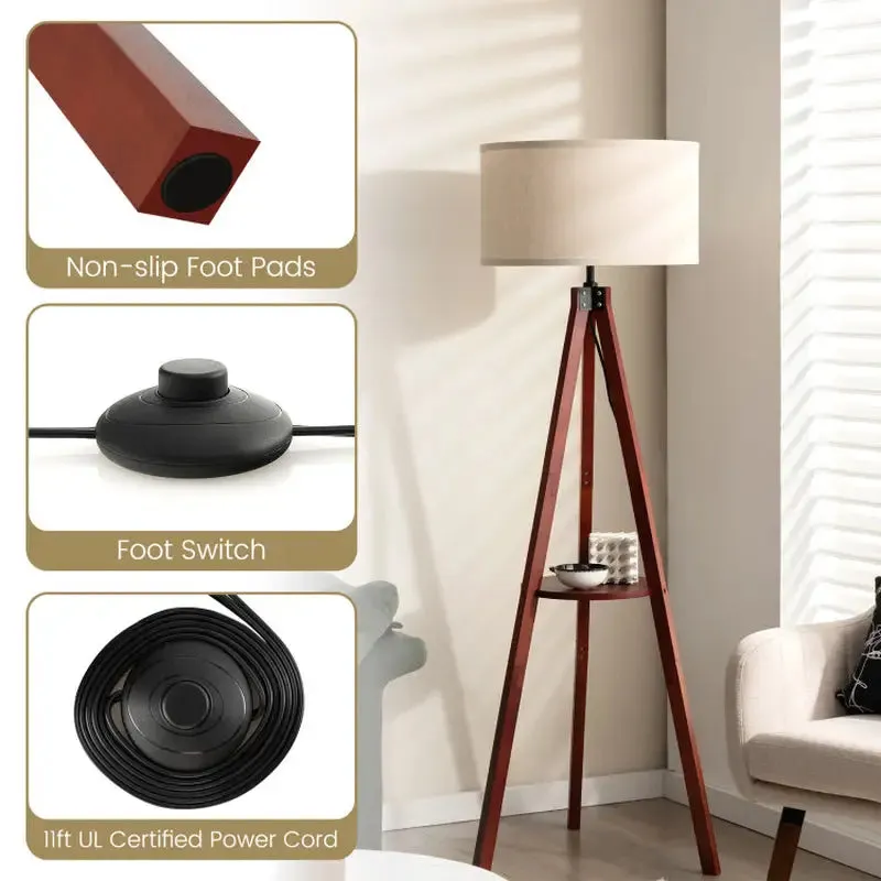 Tripod Floor Lamp with Circular Shelf and White Shade