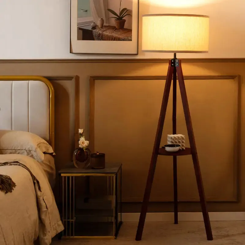 Tripod Floor Lamp with Circular Shelf and White Shade