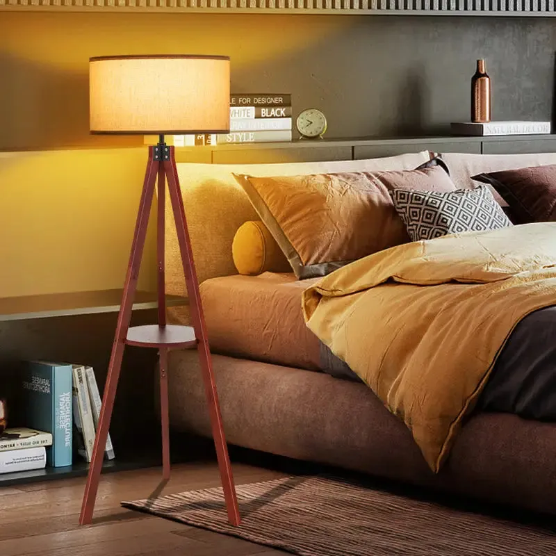 Tripod Floor Lamp with Circular Shelf and White Shade