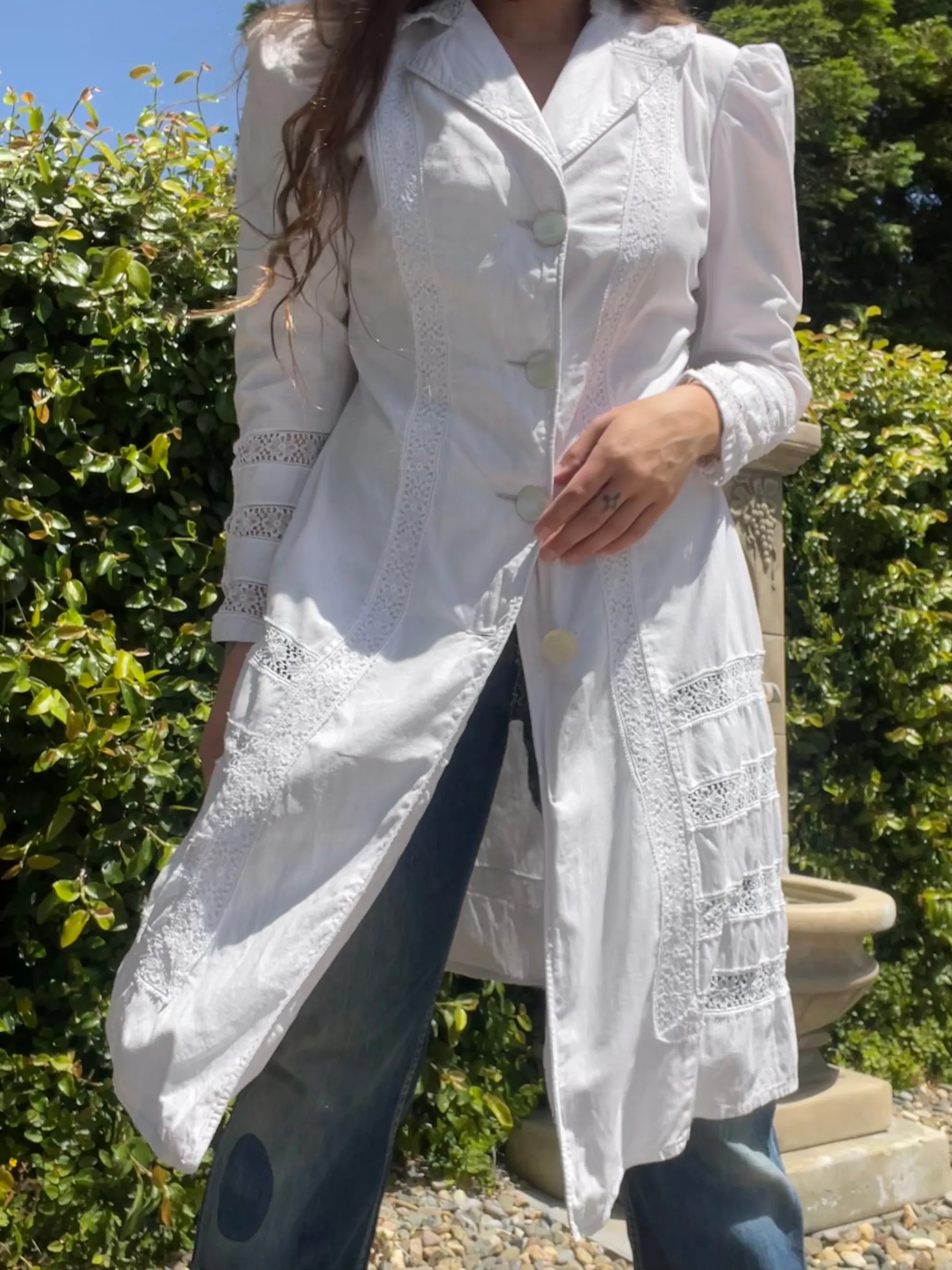 Turn Of The Century Puff Sleeve Linen & Crochet Lace Walking Jacket