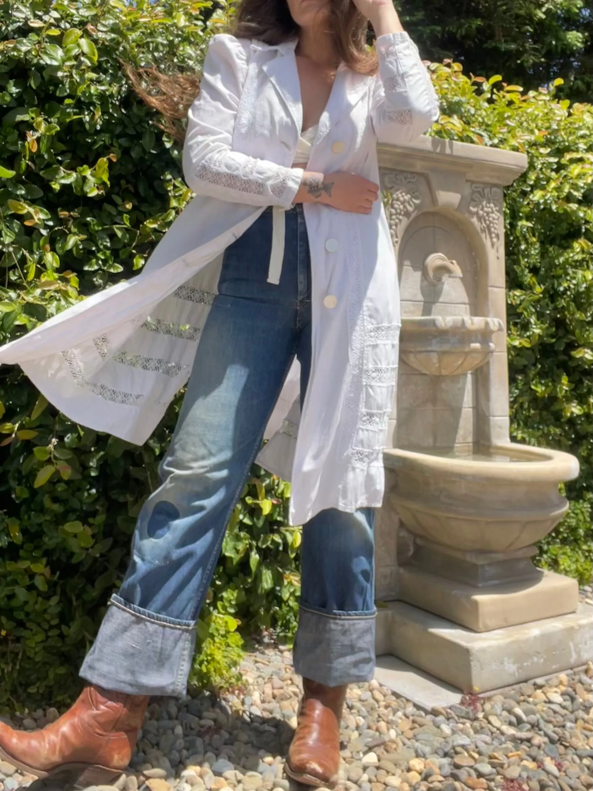 Turn Of The Century Puff Sleeve Linen & Crochet Lace Walking Jacket
