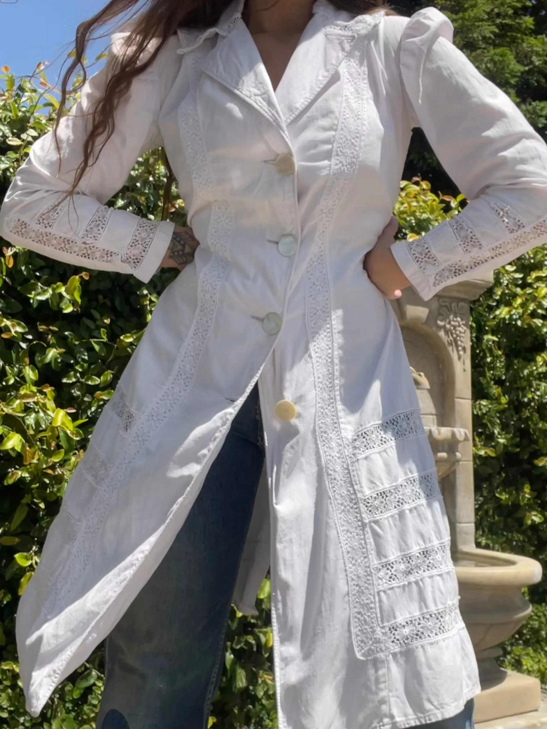 Turn Of The Century Puff Sleeve Linen & Crochet Lace Walking Jacket