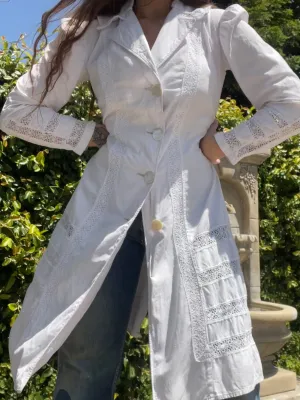Turn Of The Century Puff Sleeve Linen & Crochet Lace Walking Jacket