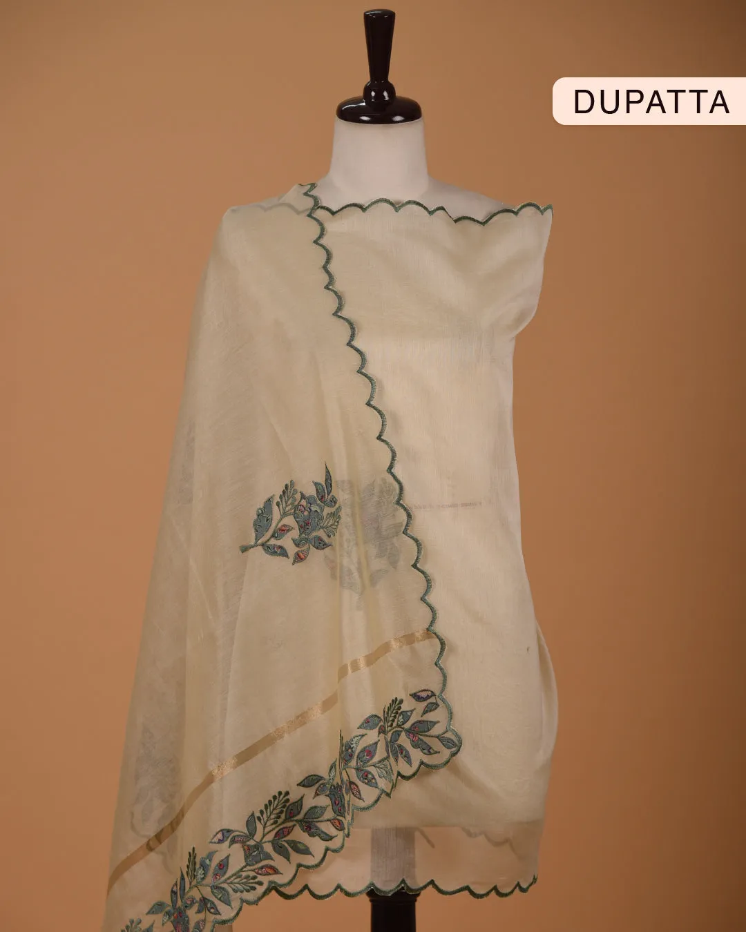 Turquoise Chanderi Silk Blend Printed Unstitched Suit Fabric Set With Chanderi Embroidered Dupatta