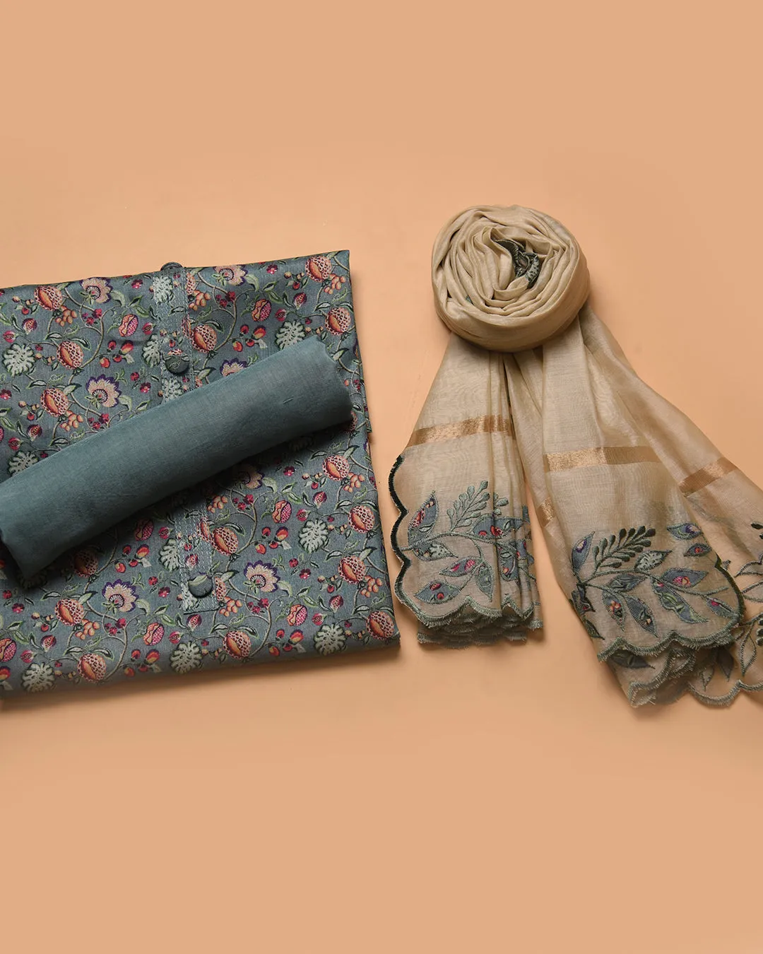 Turquoise Chanderi Silk Blend Printed Unstitched Suit Fabric Set With Chanderi Embroidered Dupatta