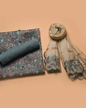 Turquoise Chanderi Silk Blend Printed Unstitched Suit Fabric Set With Chanderi Embroidered Dupatta