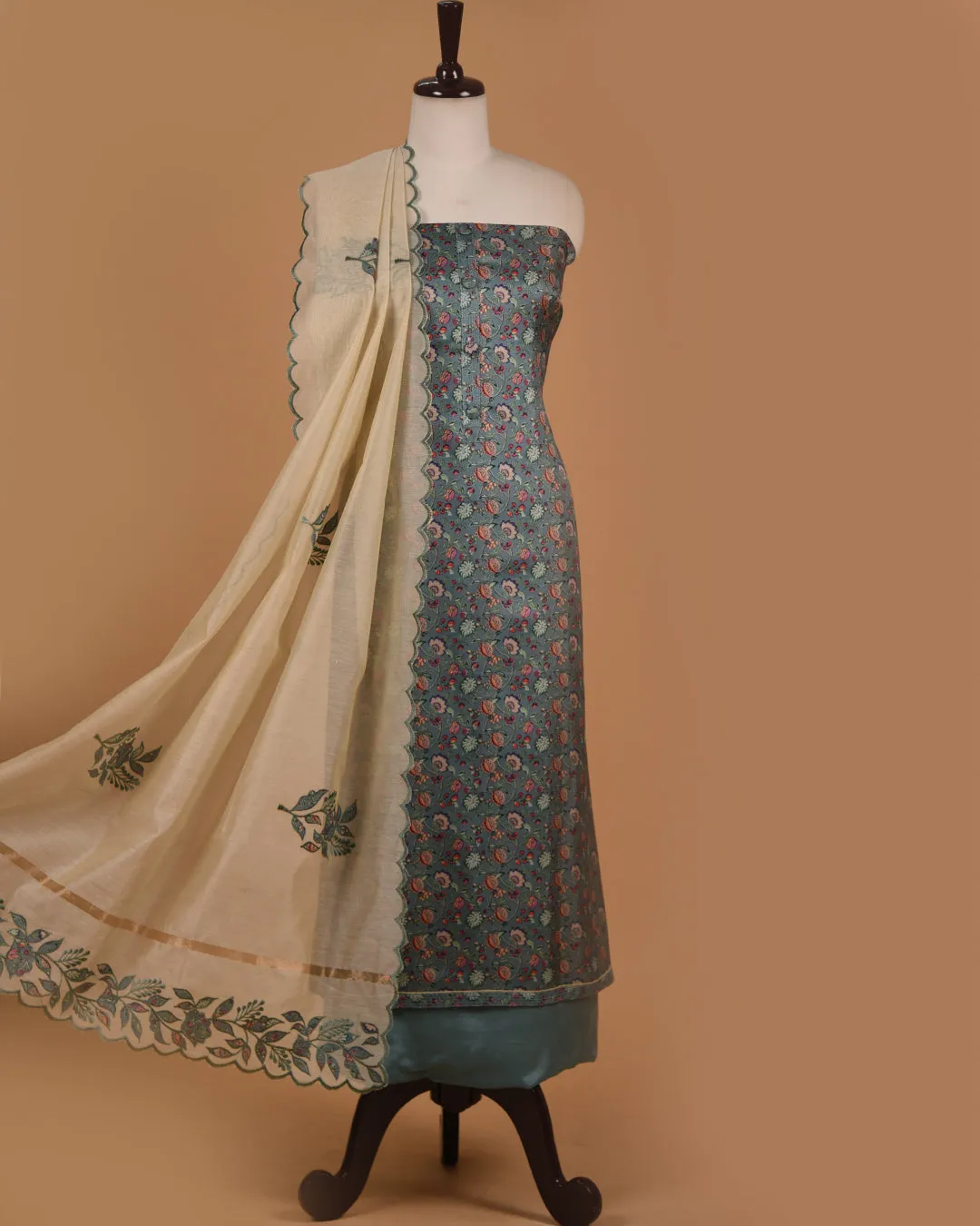 Turquoise Chanderi Silk Blend Printed Unstitched Suit Fabric Set With Chanderi Embroidered Dupatta