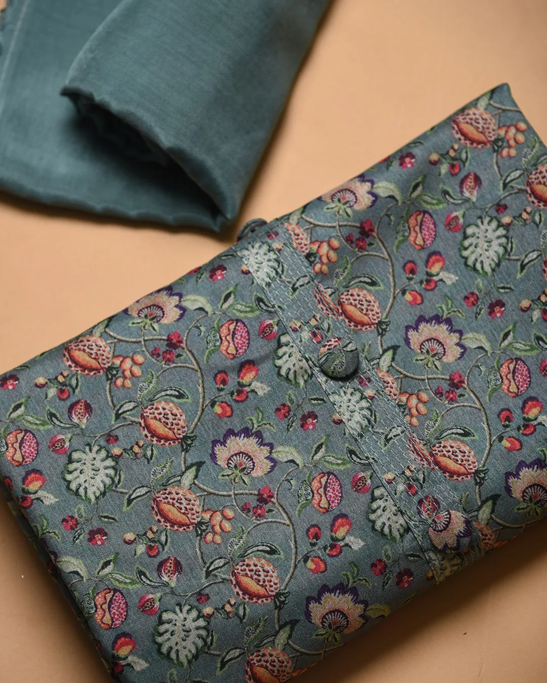 Turquoise Chanderi Silk Blend Printed Unstitched Suit Fabric Set With Chanderi Embroidered Dupatta
