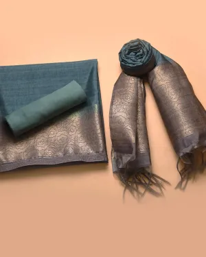 Turquoise With Gray Chanderi Silk Blend Woven Unstitched Suit Fabric Set With Chanderi Silk Blend Dupatta