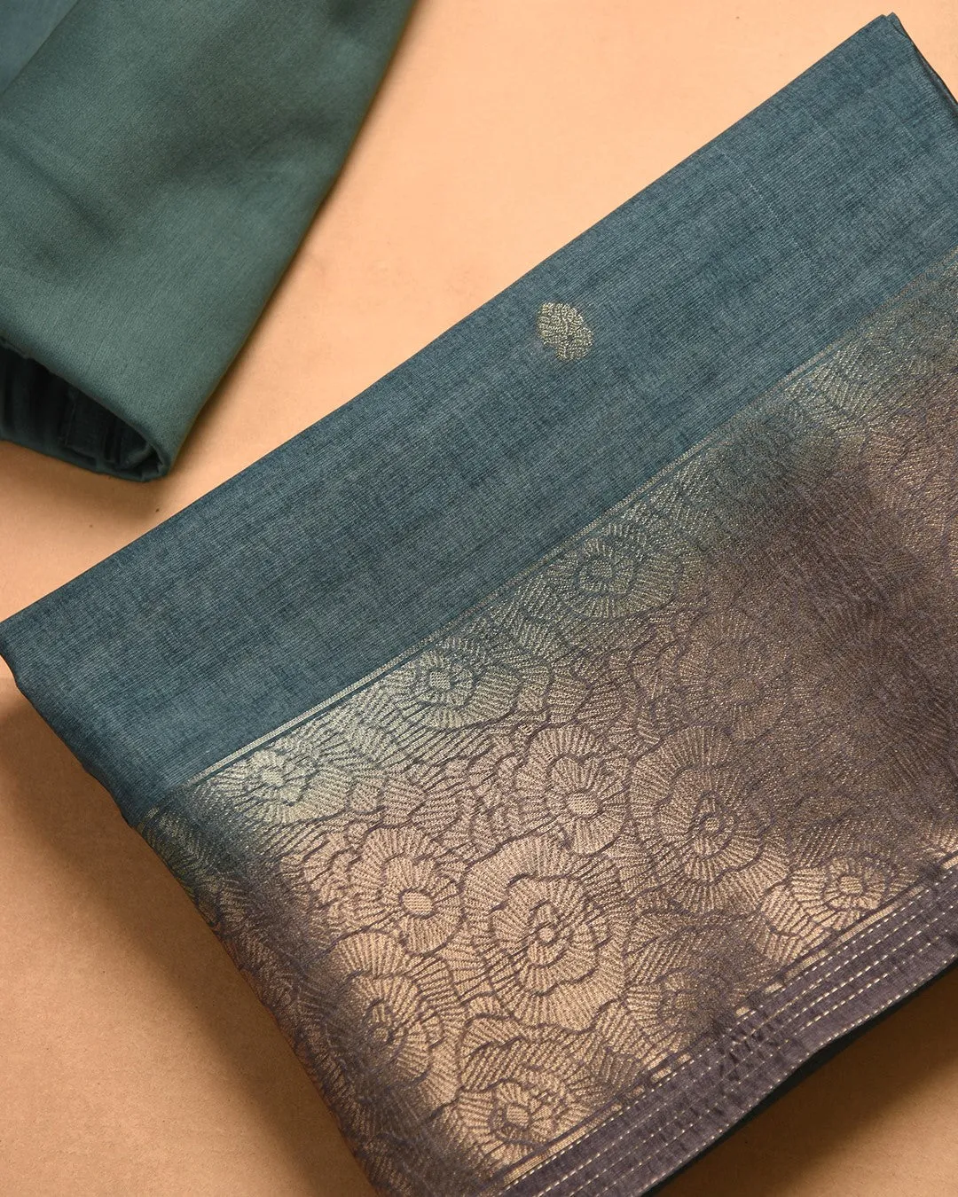 Turquoise With Gray Chanderi Silk Blend Woven Unstitched Suit Fabric Set With Chanderi Silk Blend Dupatta