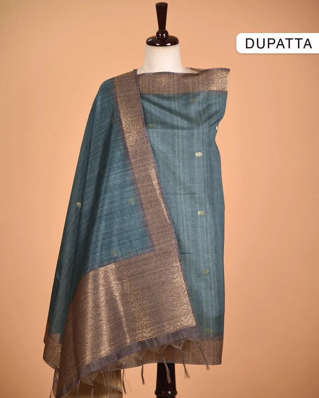 Turquoise With Gray Chanderi Silk Blend Woven Unstitched Suit Fabric Set With Chanderi Silk Blend Dupatta
