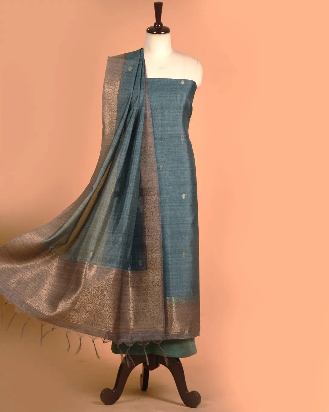 Turquoise With Gray Chanderi Silk Blend Woven Unstitched Suit Fabric Set With Chanderi Silk Blend Dupatta