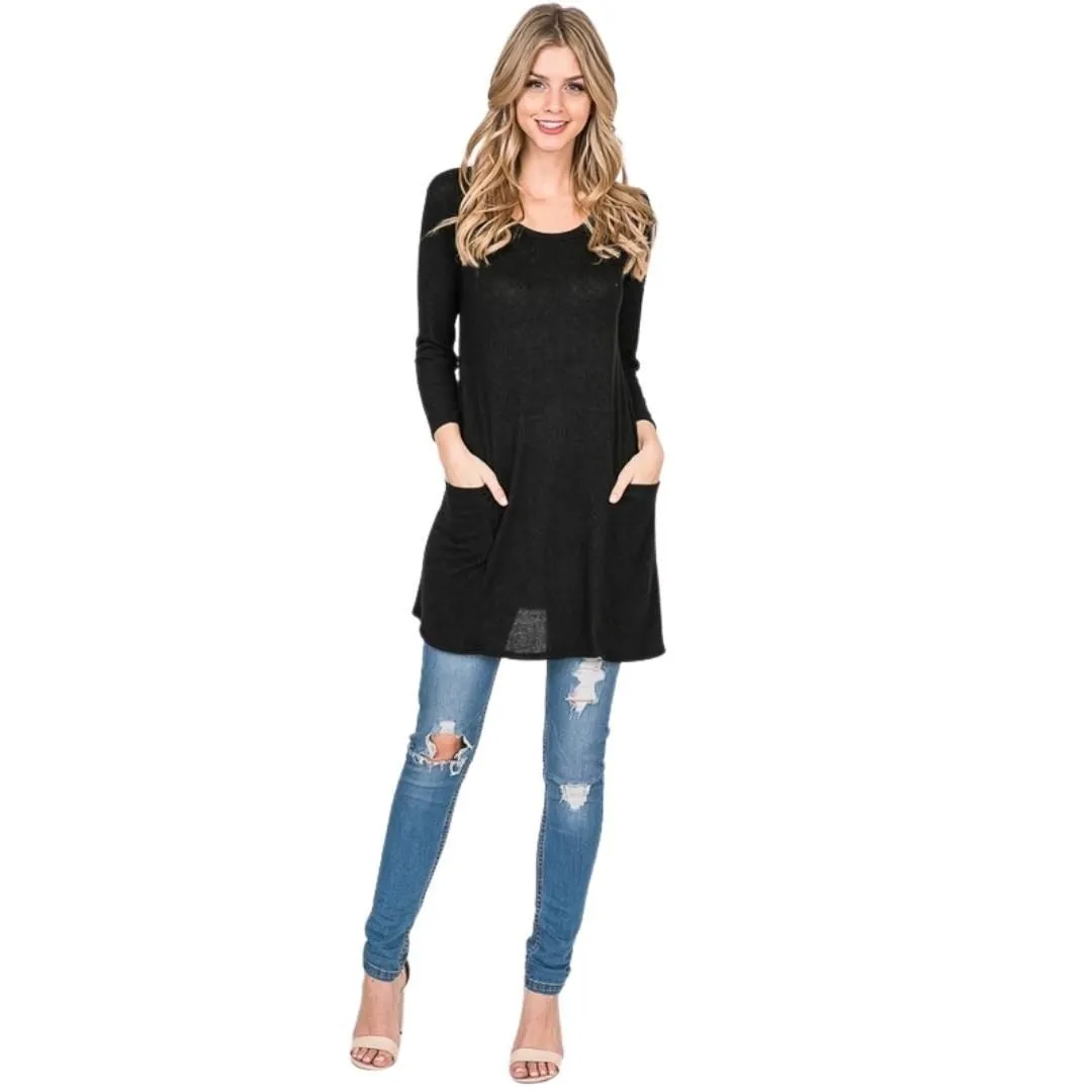 Twenty Ten Black Long Sleeve Brushed Hacci Tunic Top with Pockets TDR-265BH1