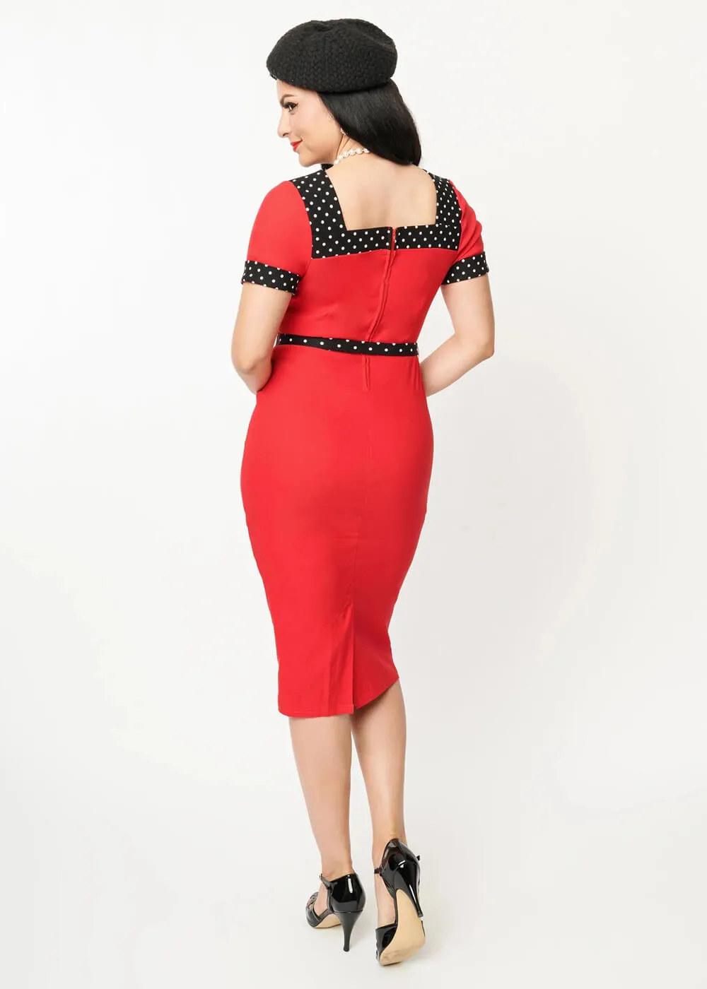 Unique Vintage Rachel Polkadot 50's Wiggle Pencil Dress Red