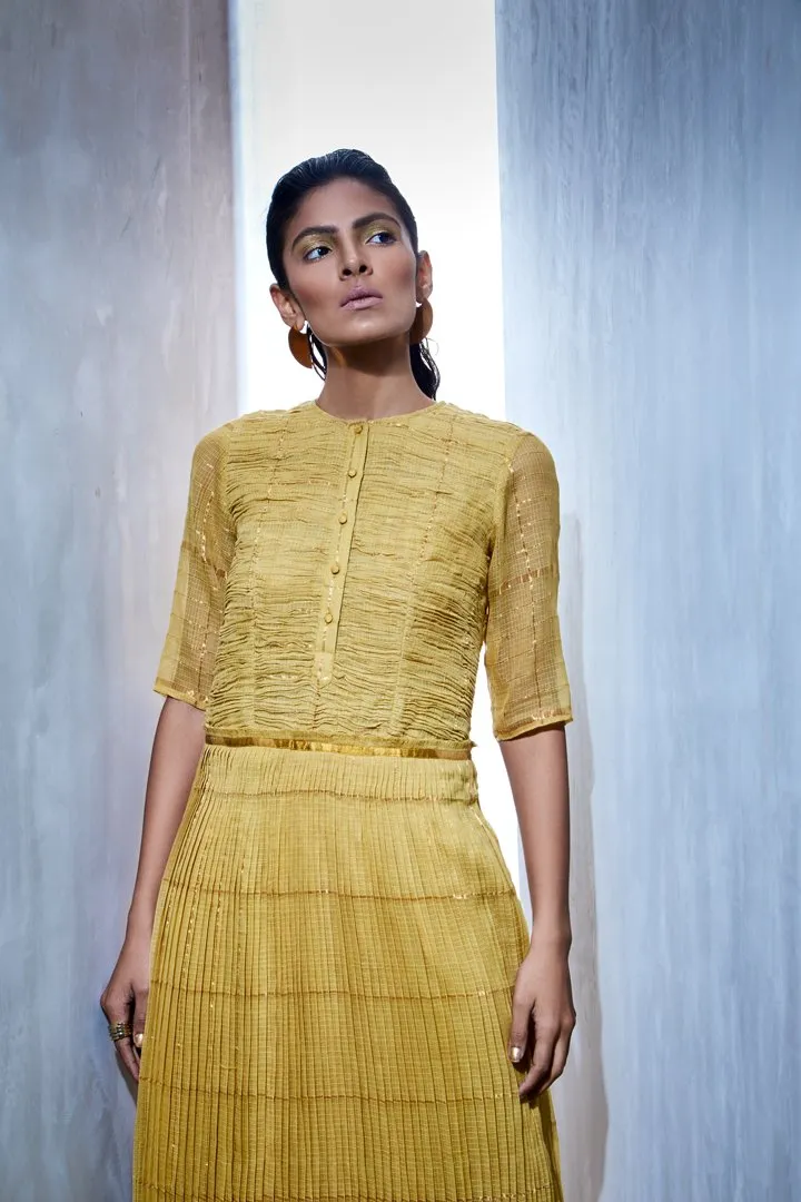 Urvashi Kaur   I   Ruched Pleated Zari Kota Cotton Dress