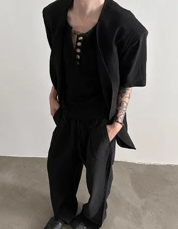 V-neck Cotton and Linen Short-sleeved Suit