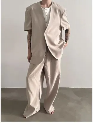V-neck Cotton and Linen Short-sleeved Suit