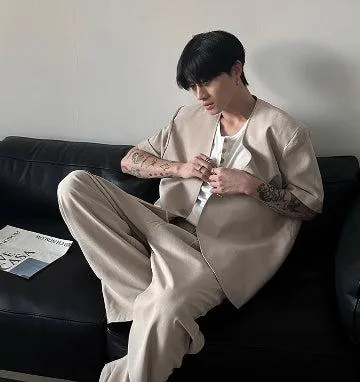V-neck Cotton and Linen Short-sleeved Suit