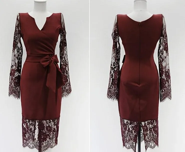 V-neck Long-Sleeved Dress Lace Patchwork Bow Tie