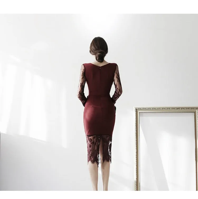V-neck Long-Sleeved Dress Lace Patchwork Bow Tie