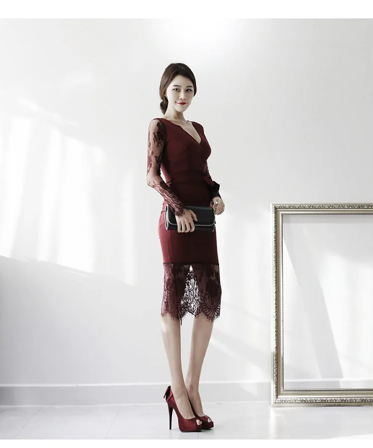 V-neck Long-Sleeved Dress Lace Patchwork Bow Tie