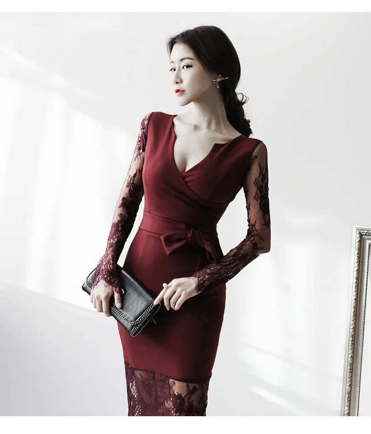 V-neck Long-Sleeved Dress Lace Patchwork Bow Tie