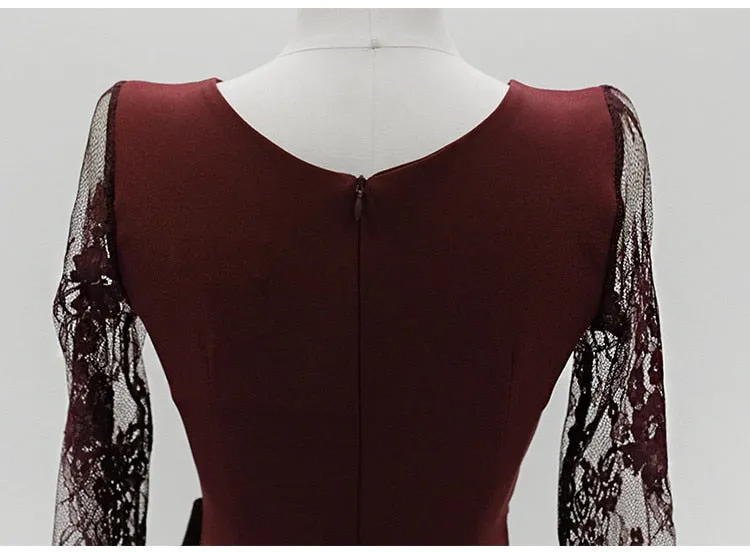 V-neck Long-Sleeved Dress Lace Patchwork Bow Tie