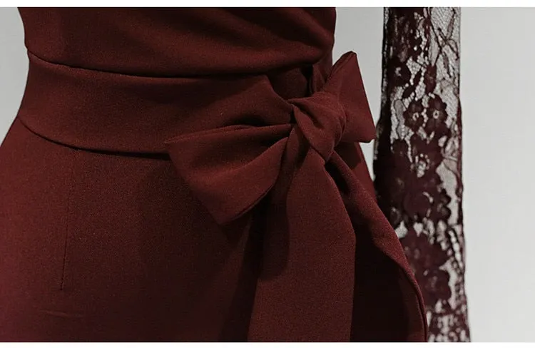 V-neck Long-Sleeved Dress Lace Patchwork Bow Tie