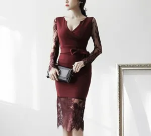 V-neck Long-Sleeved Dress Lace Patchwork Bow Tie