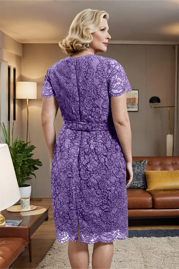 V-neck Short Sleeves Lace Mother of the Bride Dress with Belt