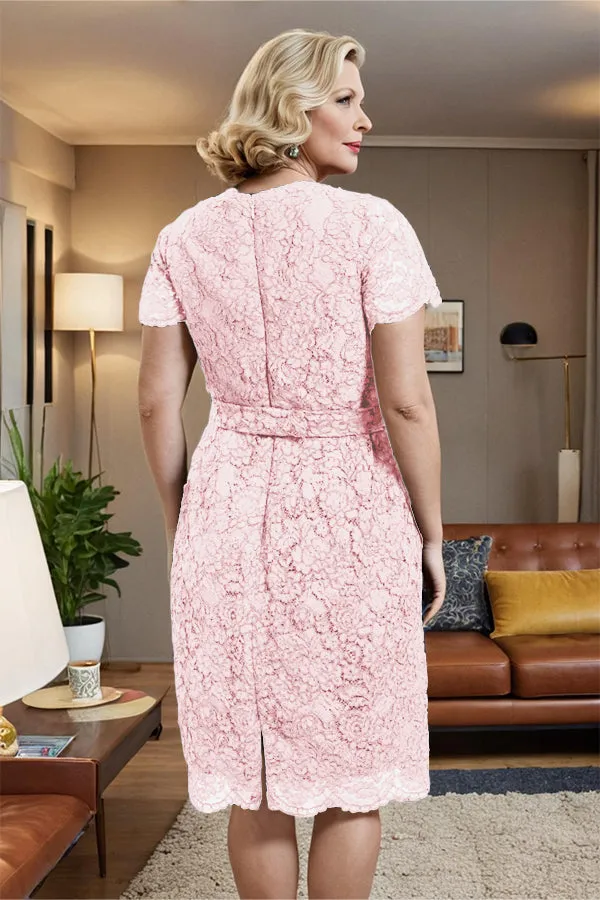 V-neck Short Sleeves Lace Mother of the Bride Dress with Belt