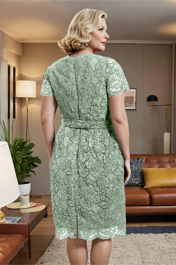 V-neck Short Sleeves Lace Mother of the Bride Dress with Belt