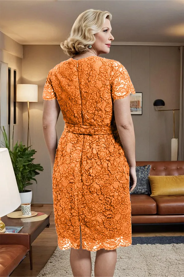V-neck Short Sleeves Lace Mother of the Bride Dress with Belt