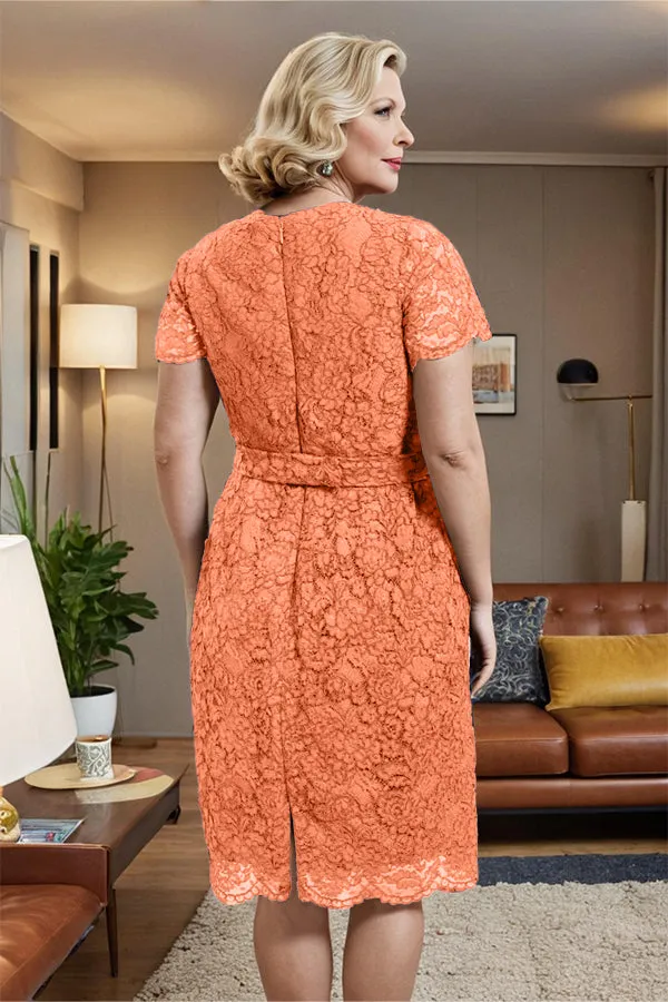 V-neck Short Sleeves Lace Mother of the Bride Dress with Belt