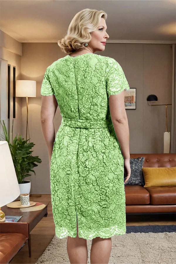 V-neck Short Sleeves Lace Mother of the Bride Dress with Belt