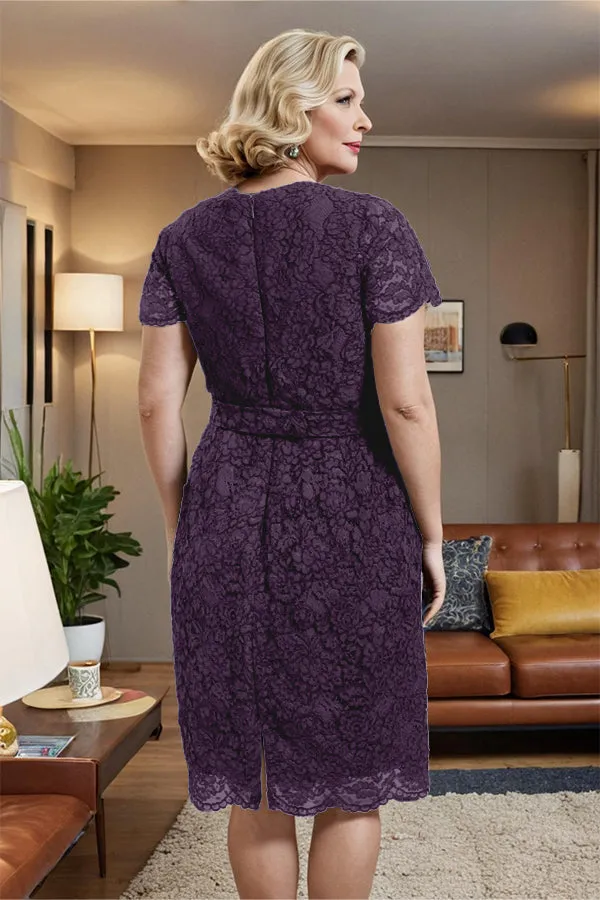 V-neck Short Sleeves Lace Mother of the Bride Dress with Belt
