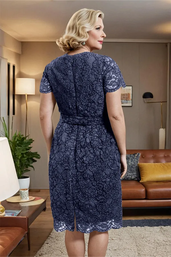 V-neck Short Sleeves Lace Mother of the Bride Dress with Belt