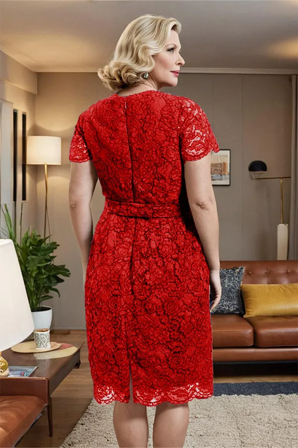 V-neck Short Sleeves Lace Mother of the Bride Dress with Belt