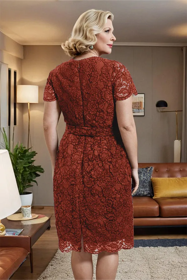 V-neck Short Sleeves Lace Mother of the Bride Dress with Belt