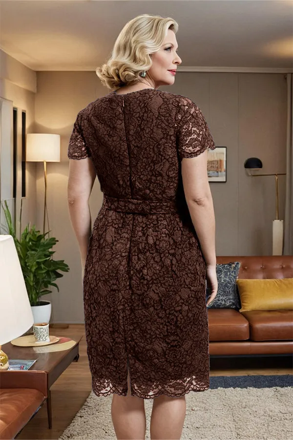 V-neck Short Sleeves Lace Mother of the Bride Dress with Belt