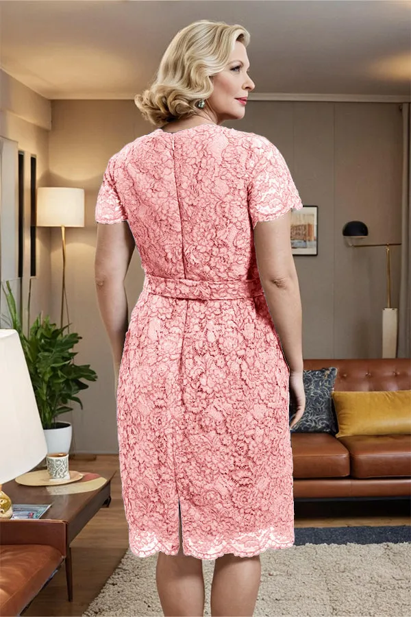 V-neck Short Sleeves Lace Mother of the Bride Dress with Belt