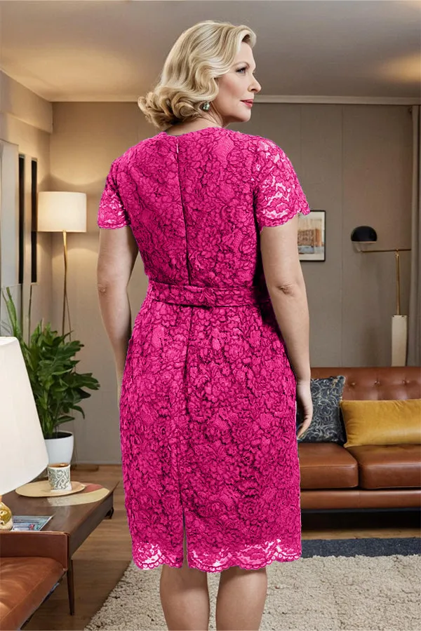V-neck Short Sleeves Lace Mother of the Bride Dress with Belt