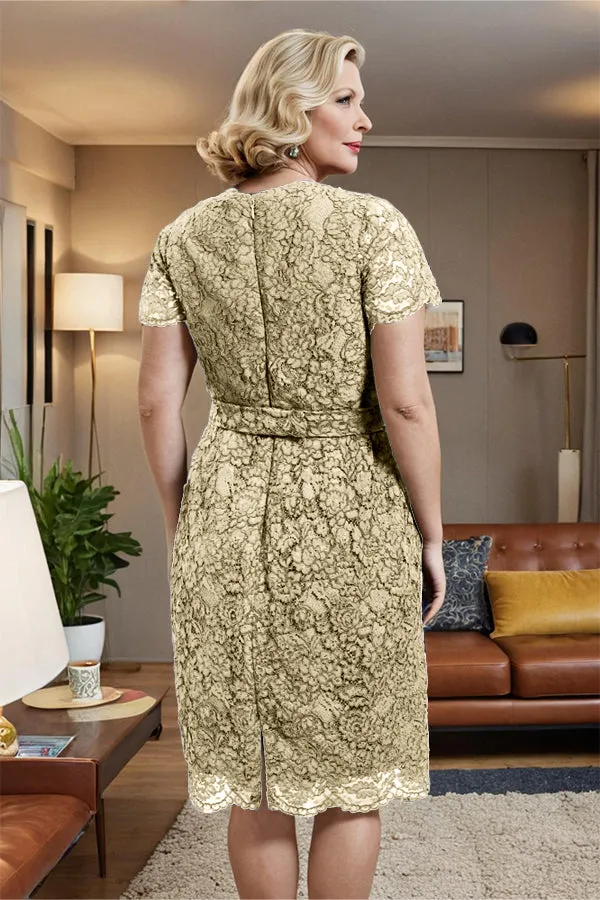 V-neck Short Sleeves Lace Mother of the Bride Dress with Belt