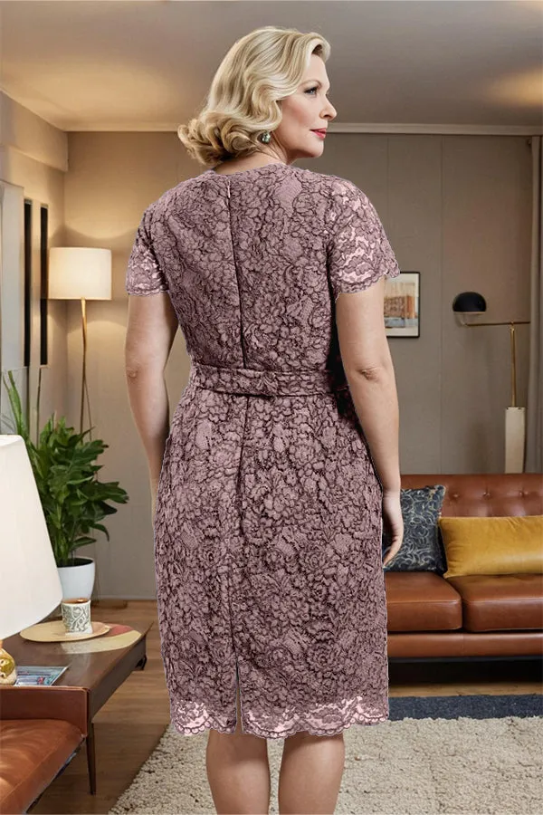 V-neck Short Sleeves Lace Mother of the Bride Dress with Belt