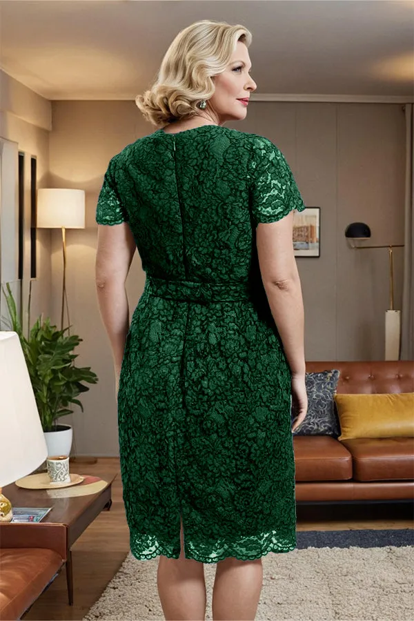 V-neck Short Sleeves Lace Mother of the Bride Dress with Belt