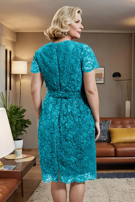 V-neck Short Sleeves Lace Mother of the Bride Dress with Belt