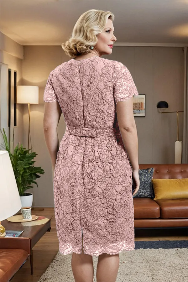 V-neck Short Sleeves Lace Mother of the Bride Dress with Belt