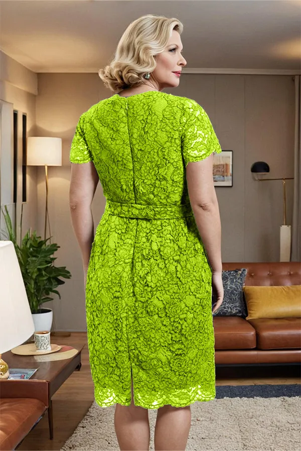 V-neck Short Sleeves Lace Mother of the Bride Dress with Belt