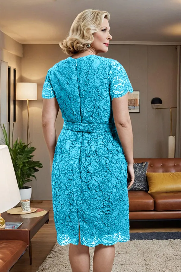 V-neck Short Sleeves Lace Mother of the Bride Dress with Belt